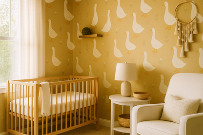 Yellow Goose Wallpaper Mural – Scandinavian Nursery Design in Mustard & White