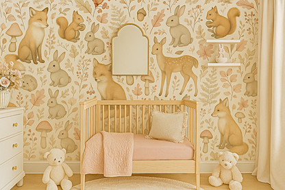 Woodland Creatures Nursery Mural Wallpaper – Fox, Bunny, Deer & Forest Animal Design