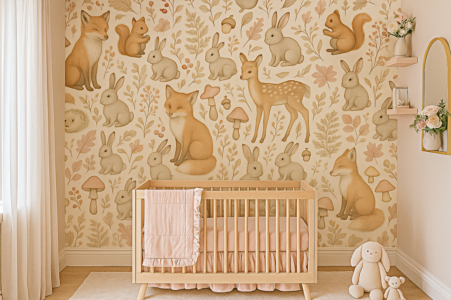 Woodland Creatures Nursery Mural Wallpaper – Fox, Bunny, Deer & Forest Animal Design