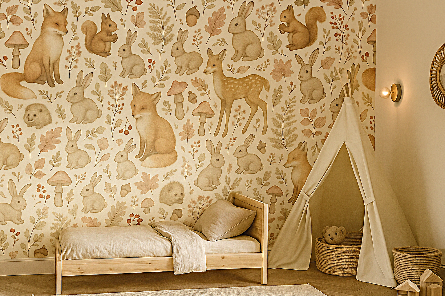 Woodland Creatures Nursery Mural Wallpaper – Fox, Bunny, Deer & Forest Animal Design