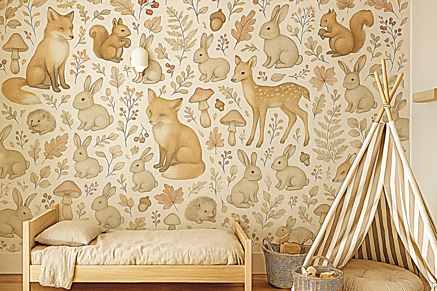 Woodland Creatures Nursery Mural Wallpaper – Fox, Bunny, Deer & Forest Animal Design