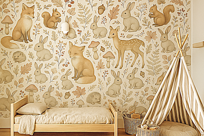 Woodland Creatures Nursery Mural Wallpaper – Fox, Bunny, Deer & Forest Animal Design