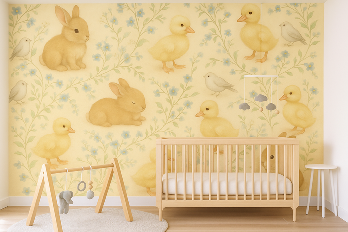 Bunny and duckling mural wallpaper for a nursery