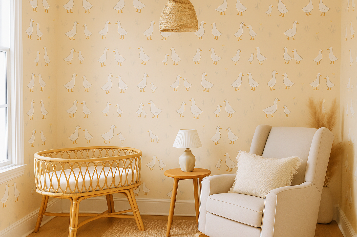 Pink Goose Wallpaper Mural – Scandinavian Nursery Design in Pink & White