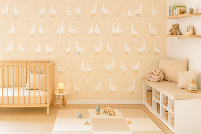 Pink goose mural wallpaper for a Scandinavian nursery in pink and white