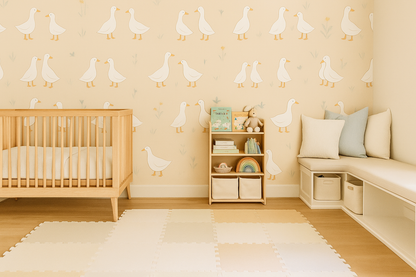 Pink Goose Wallpaper Mural – Scandinavian Nursery Design in Pink & White