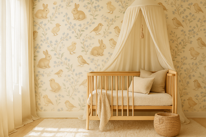 Nursery room with wooden crib, decorative canopy, and bird-themed wallpaper.