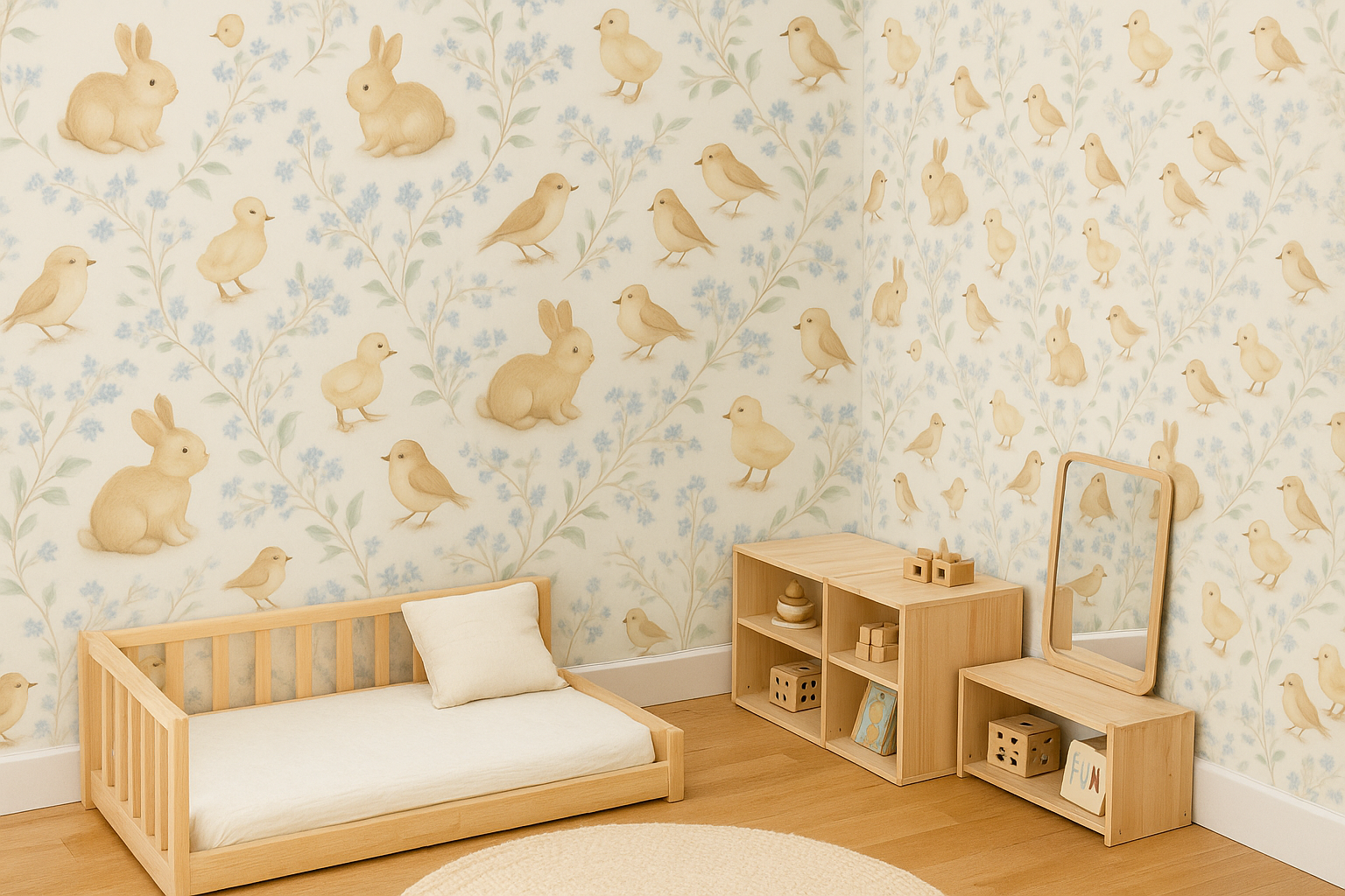 Children's room with wooden furniture and animal-themed wallpaper