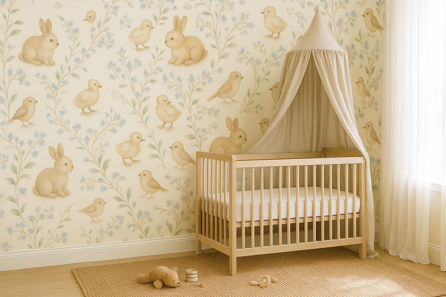 Nursery room with wooden crib, decorative wallpaper with animals, and toys on a wooden floor.