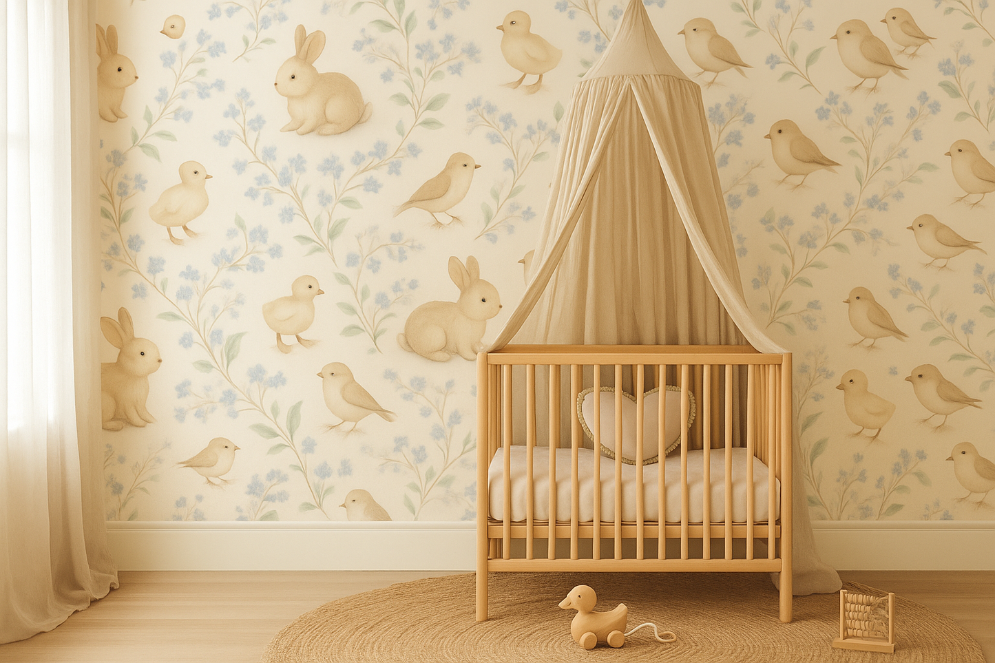 Wooden crib with canopy in a room with floral wallpaper featuring animals.