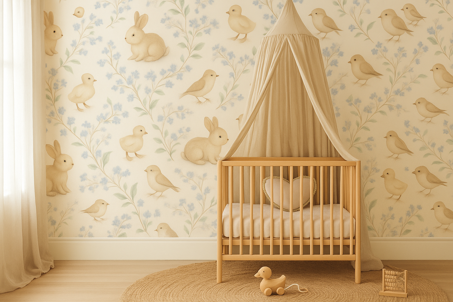 Wooden crib with canopy in a room with floral wallpaper featuring animals.