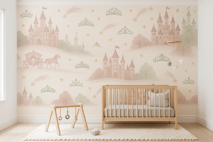 Fairytale Castle Nursery Wallpaper – Princess Carriage & Crown Mural