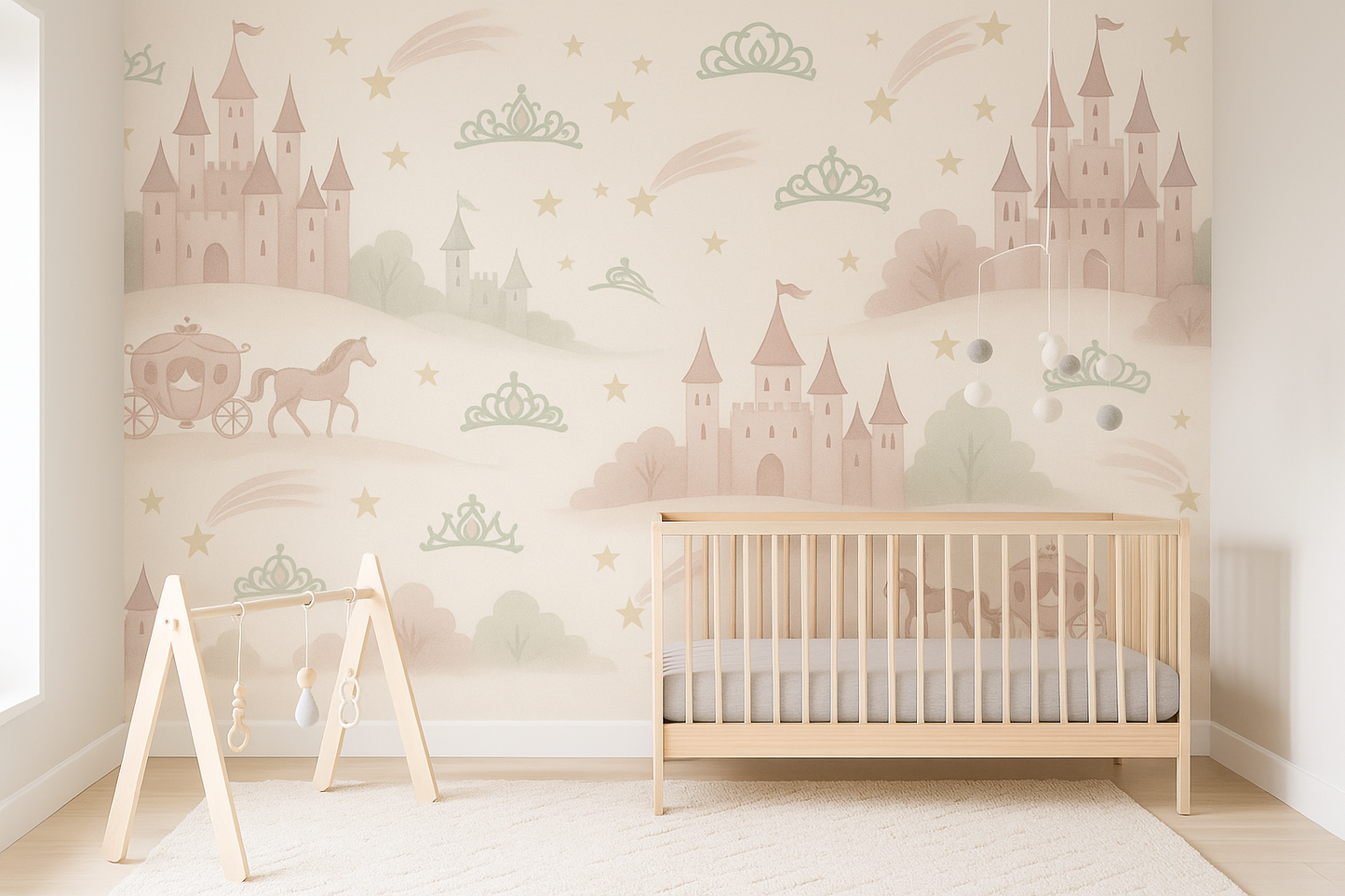 Fairytale Castle Nursery Wallpaper – Princess Carriage & Crown Mural