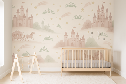 Fairytale Castle Nursery Wallpaper – Princess Carriage & Crown Mural