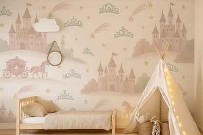 Fairytale Castle Nursery Wallpaper – Princess Carriage & Crown Mural