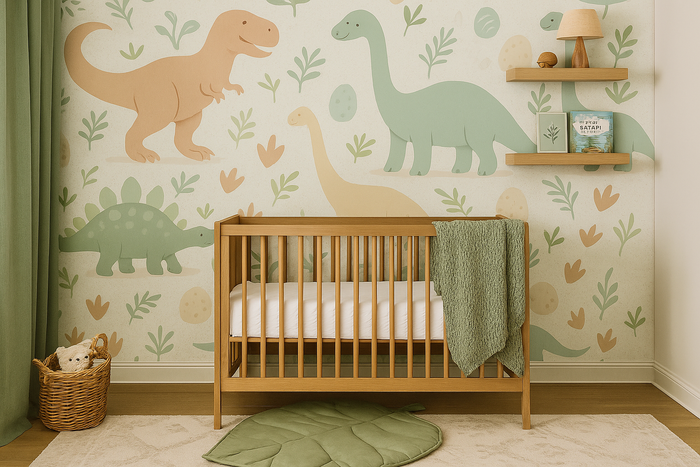 Soft white and green dino mural wallpaper – design detail