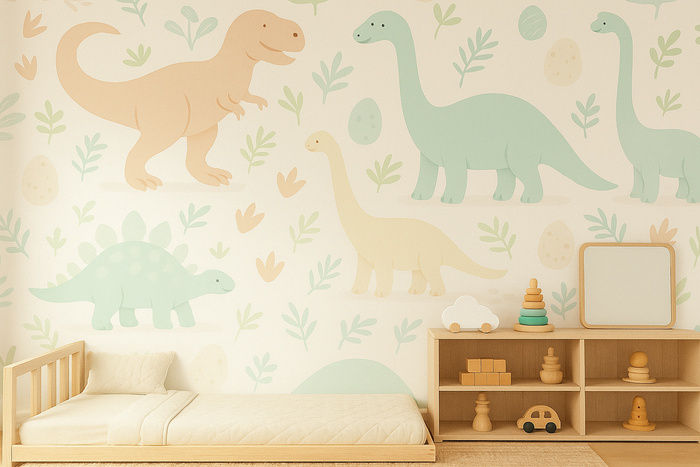 Soft white and green dinosaur mural wallpaper for a kids' room