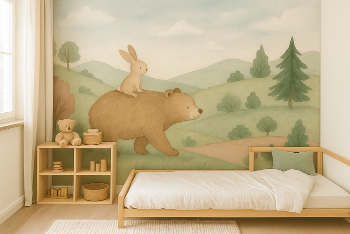 Bear and bunny woodland mural wallpaper for a nursery