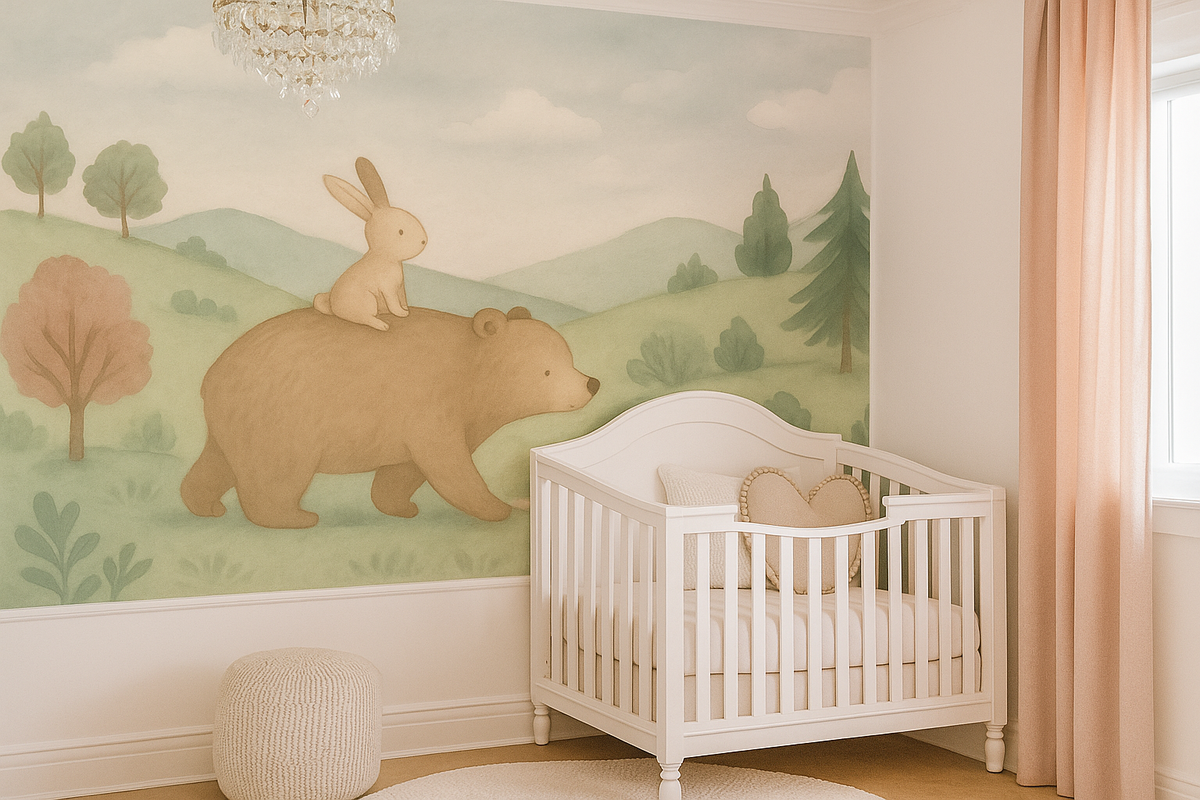 Bear and bunny nursery woodland mural wallpaper – design detail