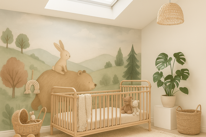 Bear and bunny nursery woodland mural wallpaper – design detail