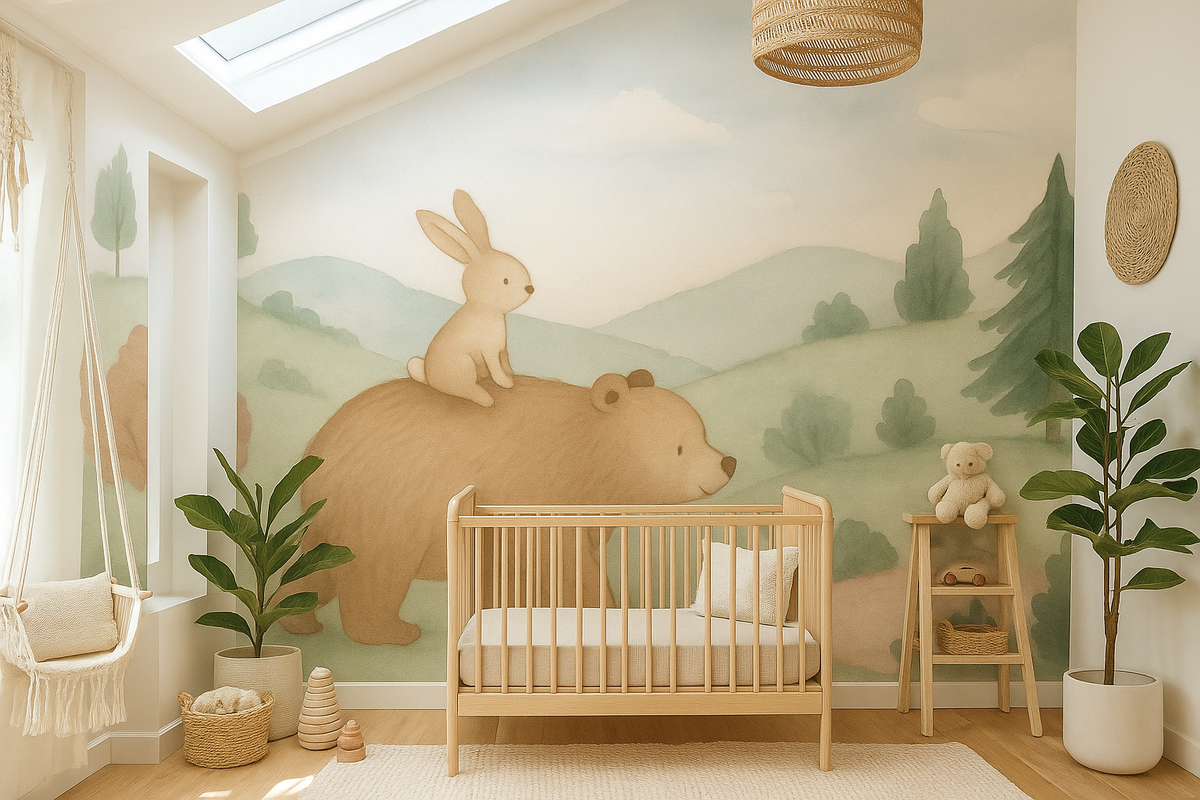 Bear and bunny nursery woodland mural wallpaper – design detail