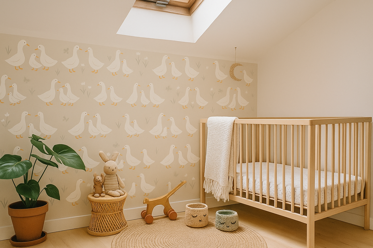Greige Scandinavian duck design mural wallpaper – design detail