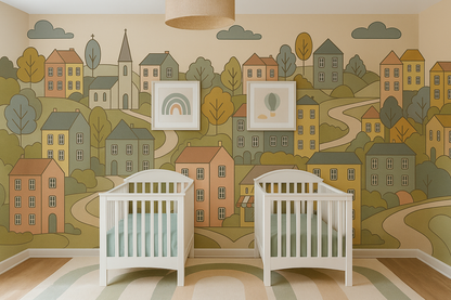 Scandi Cartoon Town Mural Wallpaper