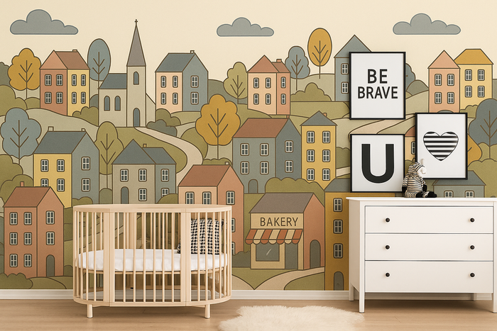 Scandi cartoon town children's mural wallpaper – design detail