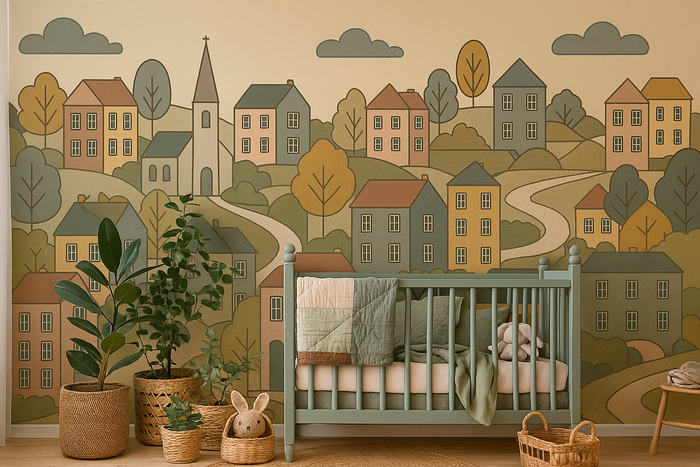 Scandi cartoon town children's mural wallpaper for a kids' room