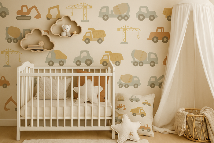Construction vehicles children's nursery mural wallpaper – design detail