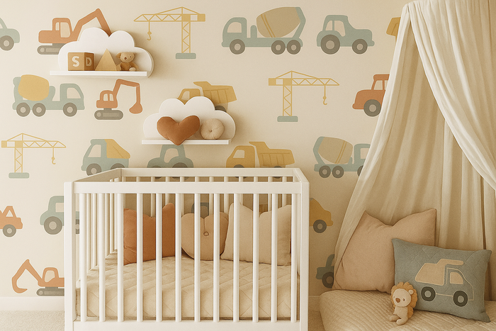Construction vehicles children's mural wallpaper for a nursery