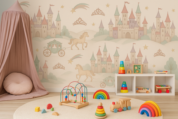 Princess castle fairytale pastel mural wallpaper for a girls' nursery