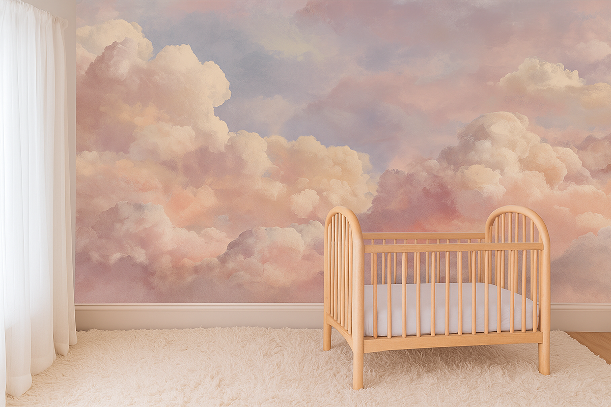 Dreamy sky blush pink cloud mural wallpaper – design detail