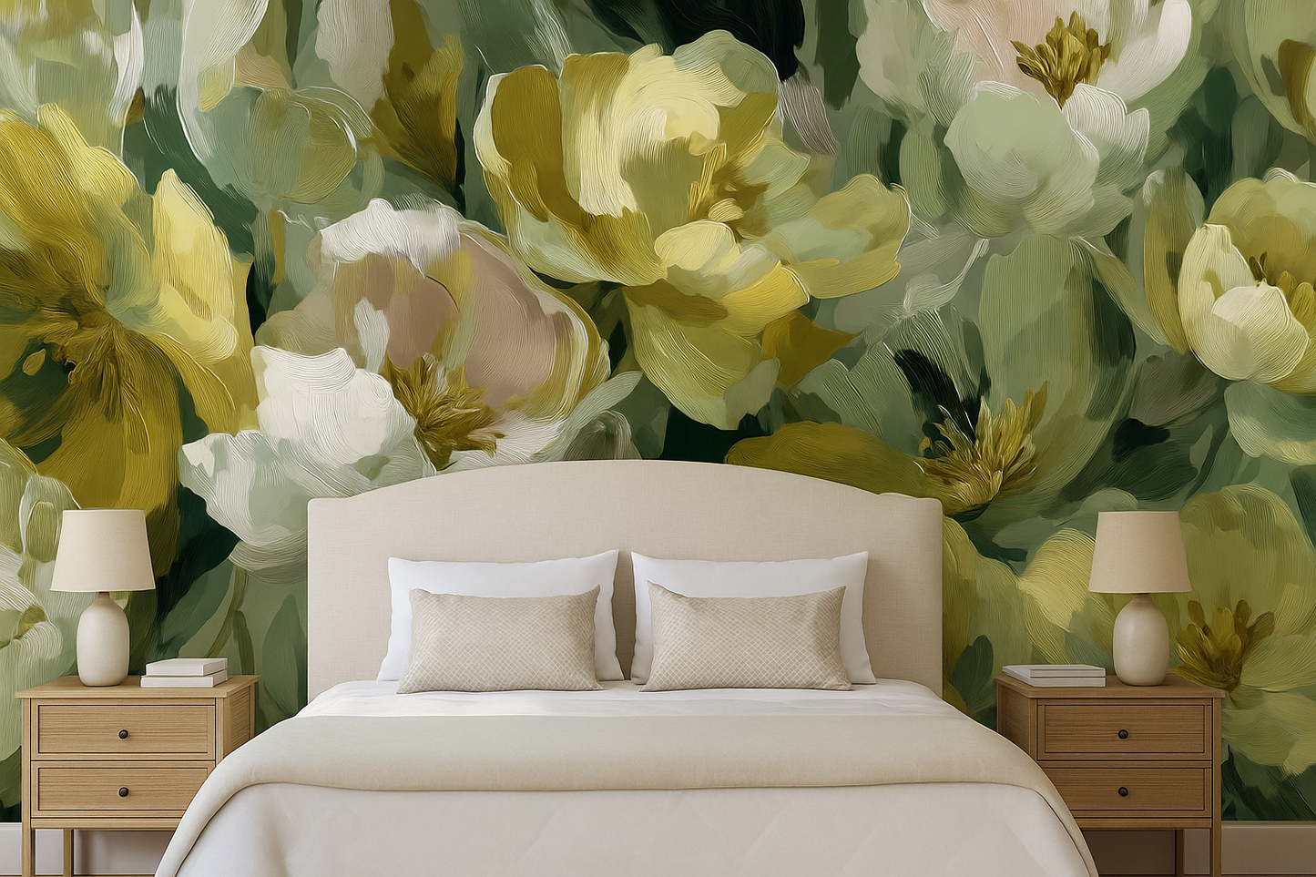 Golden Green Floral Mural Wallpaper