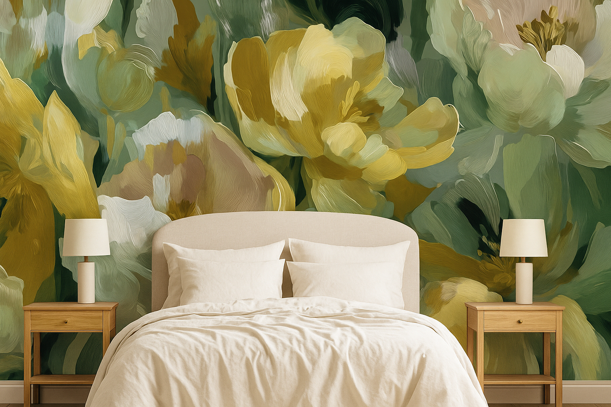 Golden green floral mural wallpaper – design detail