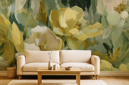 Golden Green Floral Mural Wallpaper