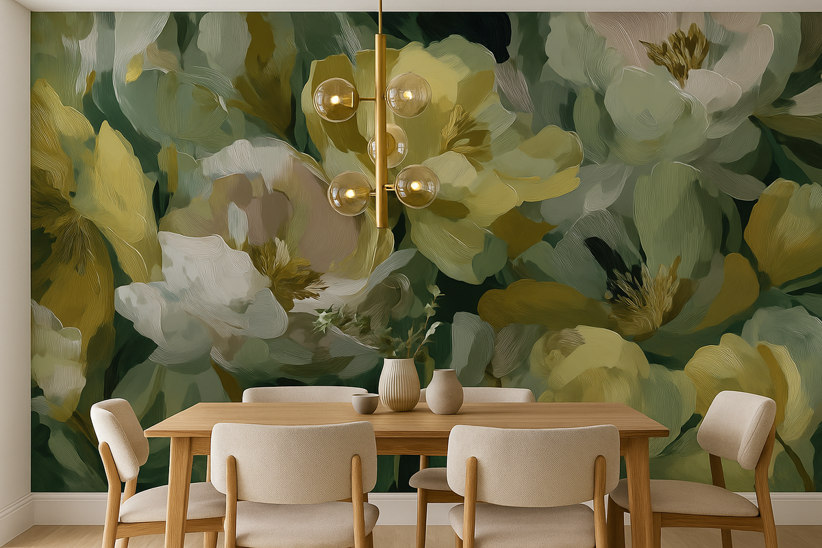 Golden green floral mural wallpaper – design detail
