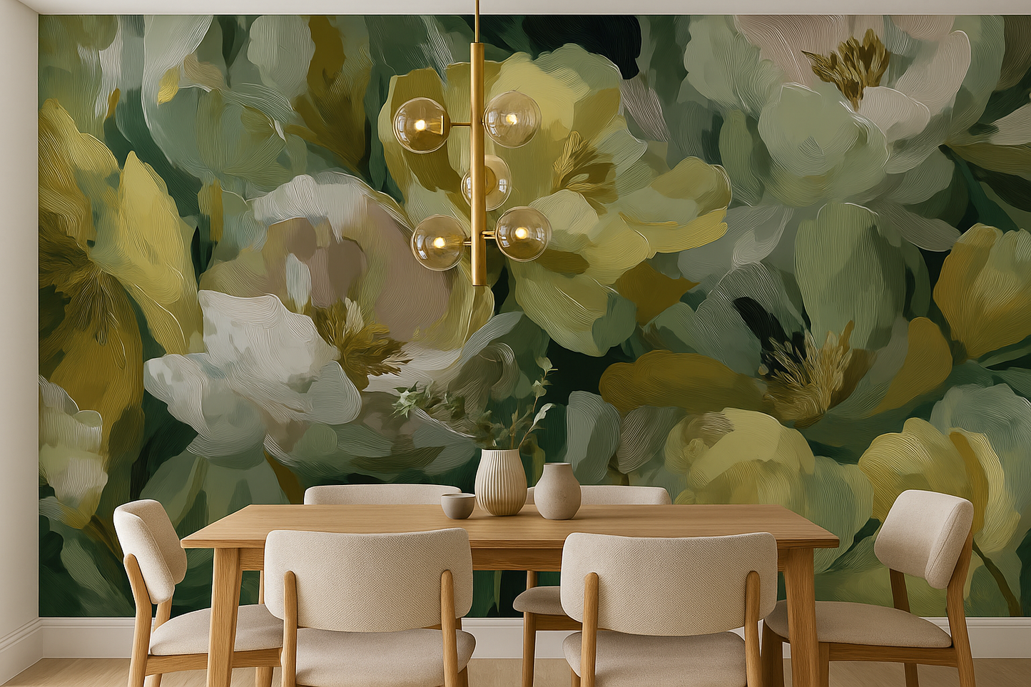Golden Green Floral Mural Wallpaper