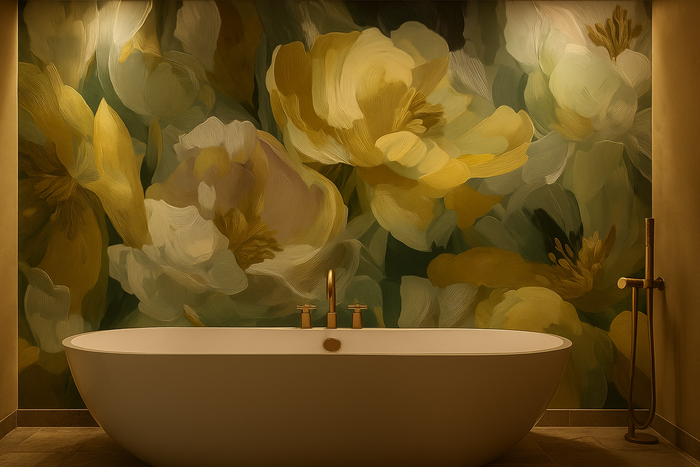 Golden green floral mural wallpaper – design detail