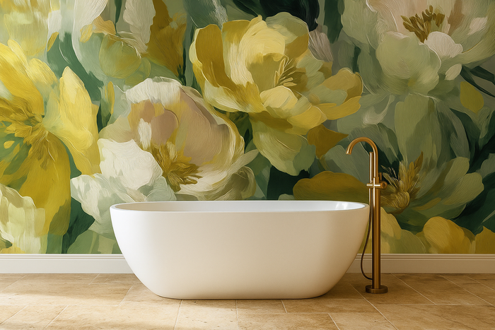 Golden green floral mural wallpaper