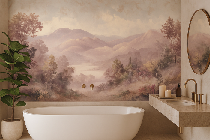 Pink meadow landscape mural wallpaper