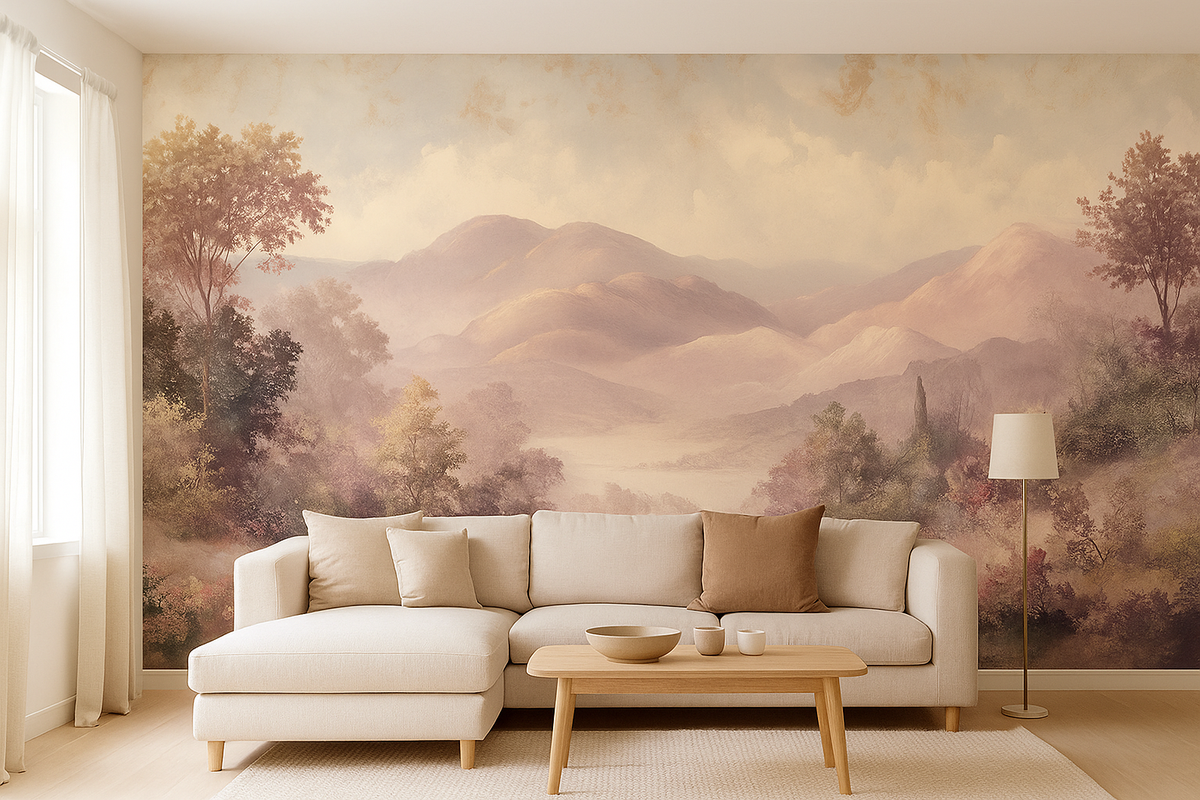 Pink meadow landscape mural wallpaper – design detail