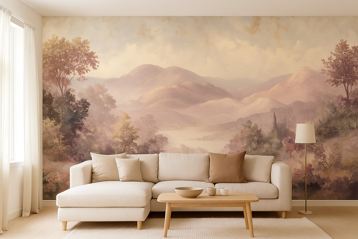 Pink meadow landscape mural wallpaper – design detail