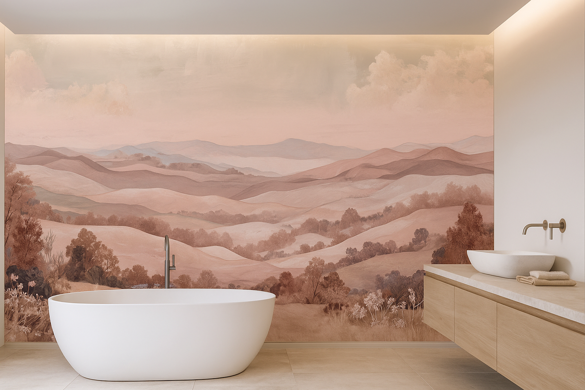 Terracotta blush landscape mural wallpaper – design detail