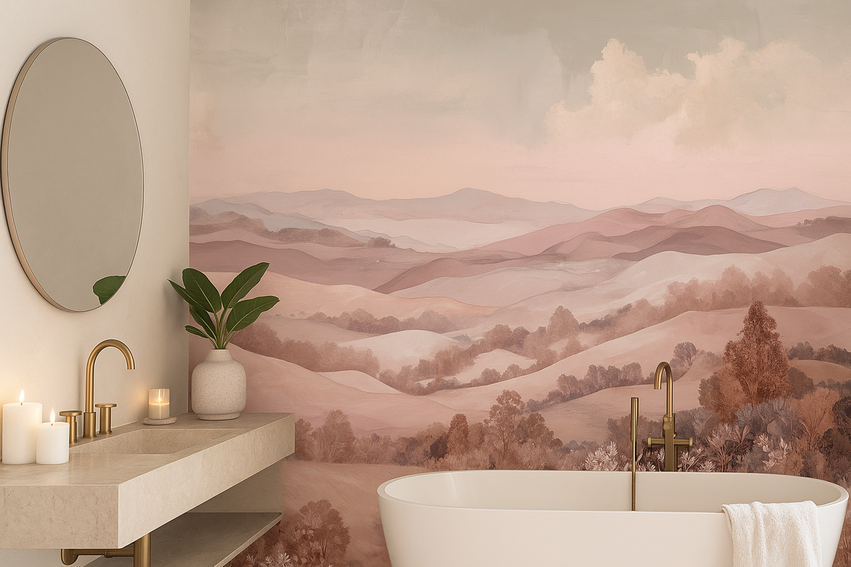 Terracotta blush landscape mural wallpaper – design detail