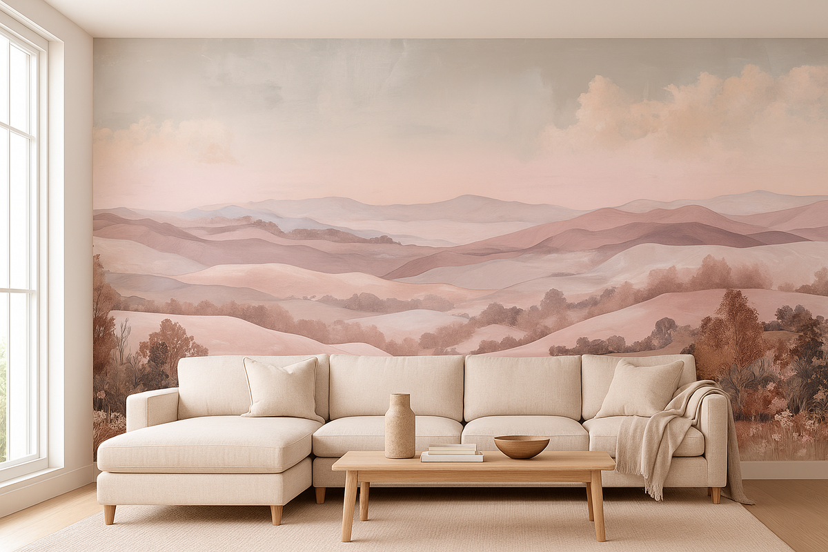 Terracotta blush landscape mural wallpaper – design detail