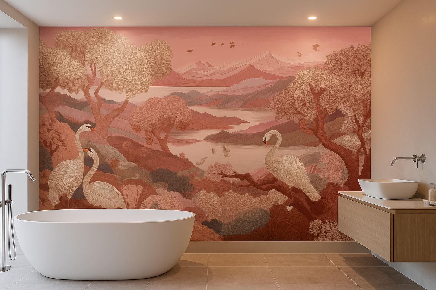 Autumnal Warm Swan Landscape Mural Wallpaper