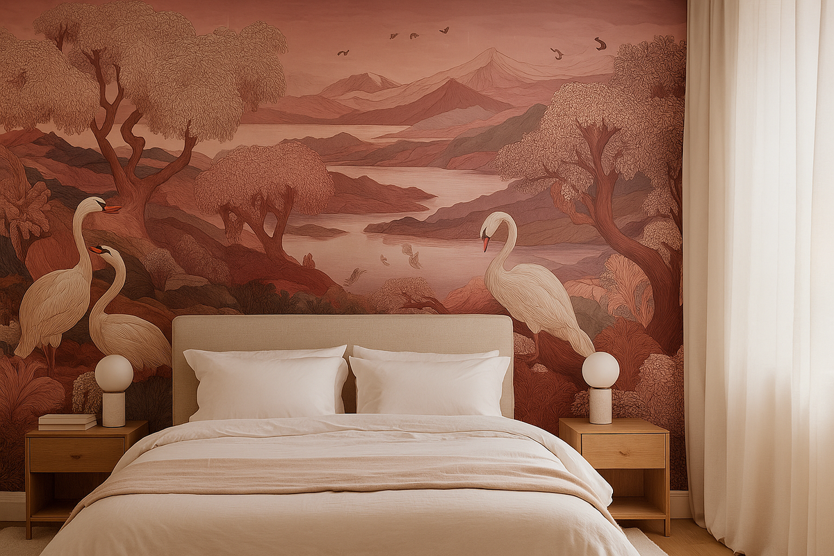 Autumnal warm swan landscape mural wallpaper – design detail