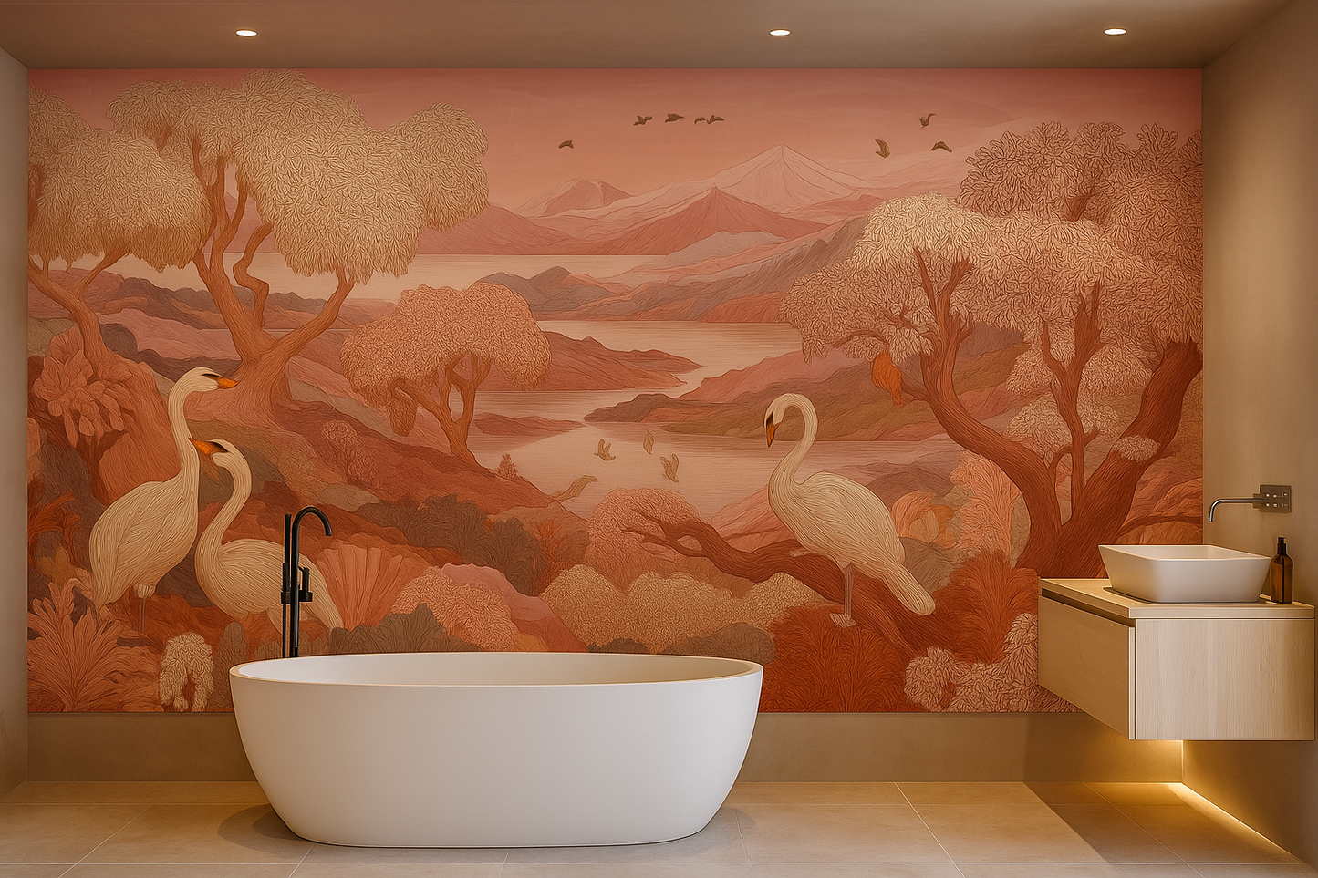 Autumnal Warm Swan Landscape Mural Wallpaper