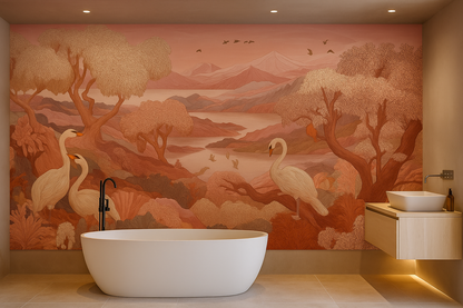 Autumnal Warm Swan Landscape Mural Wallpaper